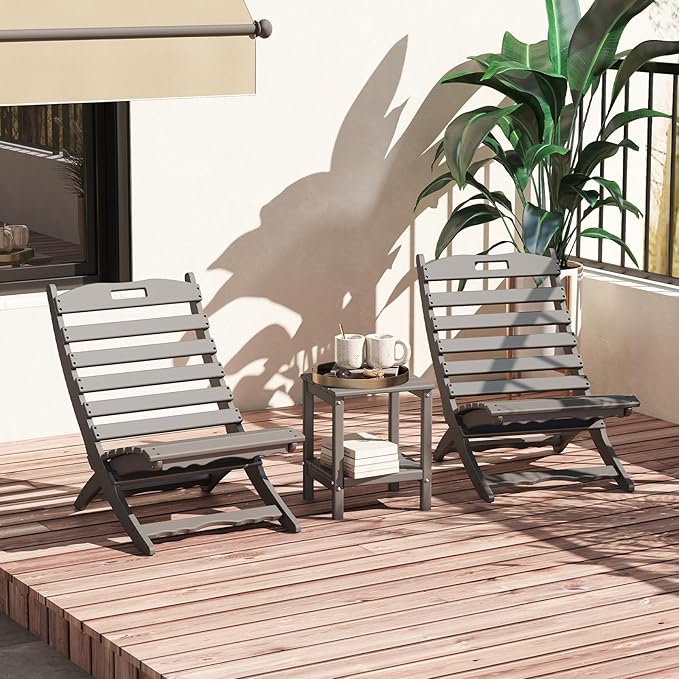 GREENVINES 3 Pieces Patio Furniture Set | Outdoor Bistro Sets for 2 | HDPE Plastic | Folding-Adirondack-Chairs-with-Side-Table | All Weather | Xavier Chair | for Porch Deck Poolside Backyard | Gray