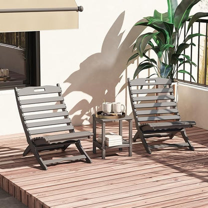 GREENVINES 3 Pieces Patio Furniture Set | Outdoor Bistro Sets for 2 | HDPE Plastic | Folding-Adirondack-Chairs-with-Side-Table | All Weather | Xavier Chair | for Porch Deck Poolside Backyard | Gray
