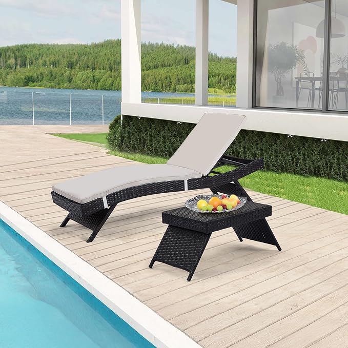 Outdoor Chaise Lounge Chair + Coffee Table Set of 2 with Detachable Cushions, Pool Sunbathing Recliners PE Rattan Patio Loungers Wicker for Outside Porch Backyard Poolside Deck Porch