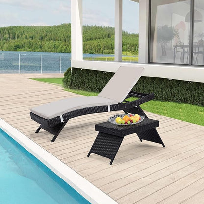 Outdoor Chaise Lounge Chair + Coffee Table Set of 2 with Detachable Cushions, Pool Sunbathing Recliners PE Rattan Patio Loungers Wicker for Outside Porch Backyard Poolside Deck Porch