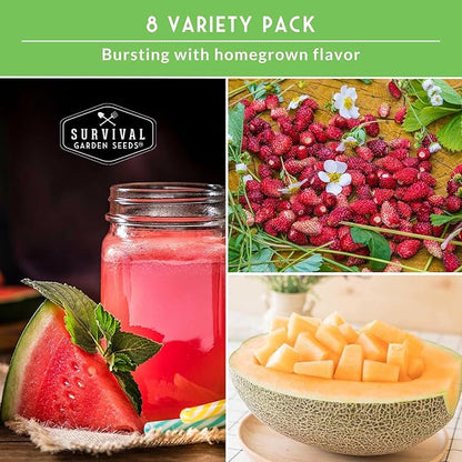 Fruit Seeds for Planting - 8 Variety Pack | Watermelon, Cantaloupe, Melon, Strawberry, Cucamelon for Home Vegetable Gardens - Non-GMO Heirloom Fruits - Survival Garden Seeds