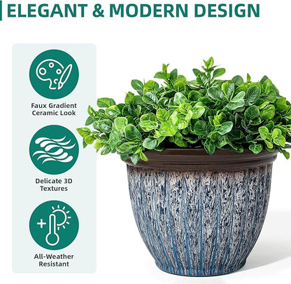 15" D Large Flower Pots, 2-Pack Big Planters for Indoor Outdoor Plants, UV-Protect PP Container for Garden Patio Yard Balcony Porch or Home Decor, Artistic Floating Blue & Brown Glaze