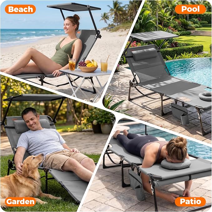 Tanning Chair with Face Hole & Canopy, 28'' Extra Wide, Support 400LBS | Folding Chaise Lounge Chair with 4-Position Adjustable Backrest for Beach, Pool, Patio & Camping, Light Grey