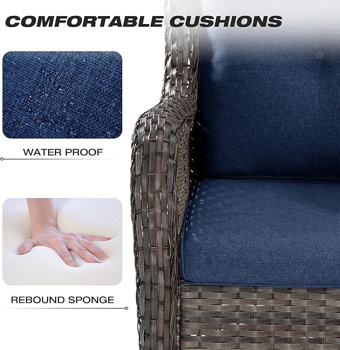 Joyside 5 Piece Outdoor Patio Furniture Set Wicker Conversation Bistro Set Swivel Rocking Chairs with Side Table and Ottomans for Backyard, Porch, Deck(Mixed Grey/Blue)