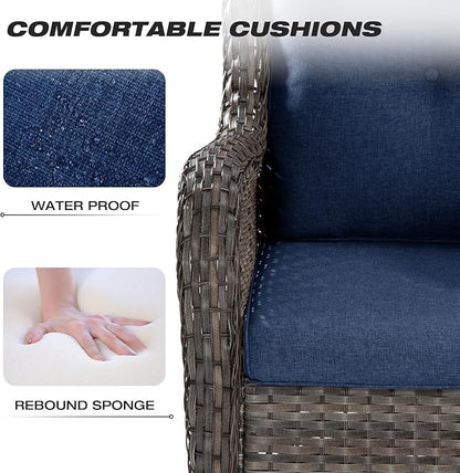 Joyside 4 Pieces Outdoor Patio Furniture Set Wicker Conversation Bistro Set 2 PE Wicker Patio with 2pcs Ottomans for Backyard, Porch, Balcony(Mixed Grey/Blue)