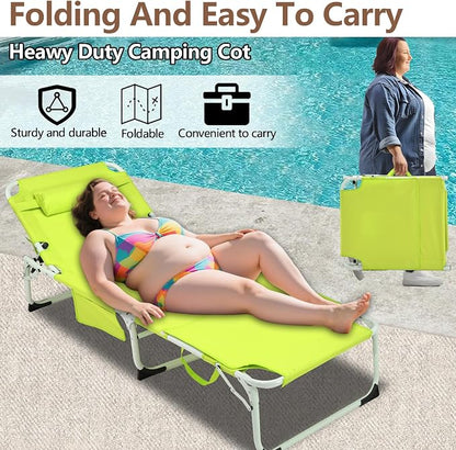3-in-1 Heavy Duty Tanning Chair with Face Hole Adjustable 5-Position Folding Chaise Lounge Chairs Portable Lay Flat Beach Lounge Chair for Outdoor Sunbathing Patio Pool Lawn Camping Deck (Green)