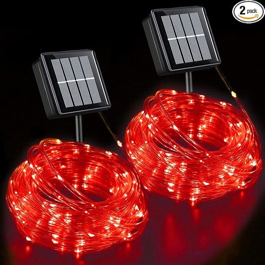 YEGUO Solar Christmas Lights Outdoor Waterproof, 2 Packs Each 33ft 100 LED Rope Lights, 8 Modes Fairy String Lights in Clear Thin Tube for Camping Fence Patio Garden Trampoline Deck(Red)