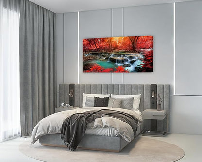 Muolunna BK03998 Wall Art Decor Canvas Print Picture Red Forest Waterfalls 1 Piece Modern Landscape Tree for Living Room Bedroom Office Home Decorations Stretched and Framed Ready to Hang