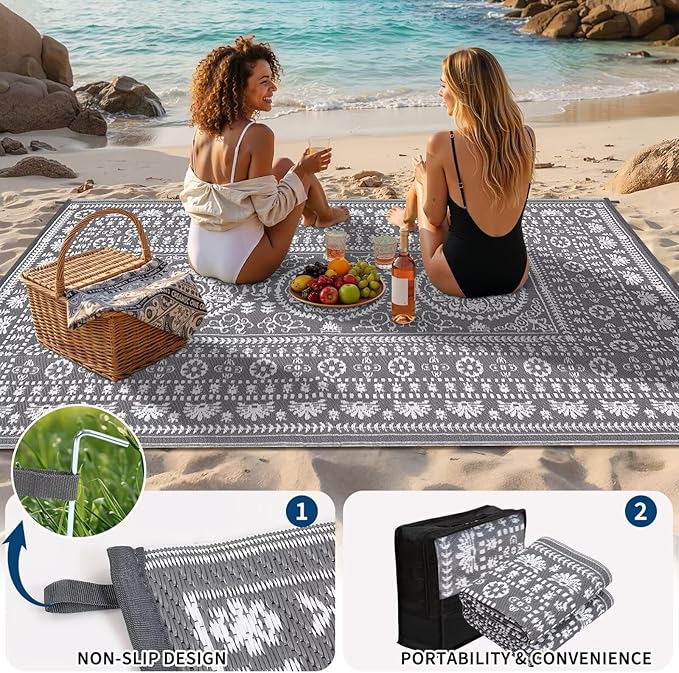 Garvee Reversible Outdoor Rug 9x12 for Patio, Waterproof Outdoor Area Rug, Modern Medallion Indoor Outdoor Rugs, Plastic Straw Rug for RV, Camping, Deck, Vintage Grey