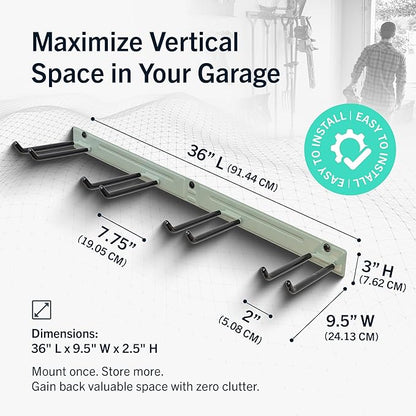 StoreYourBoard Wall-Mounted Rack With 4 Garage Hooks – Heavy-Duty Steel Holder Garage & Garden Storage for Shed, Workshop, or Home Organization – For Rakes, Shovels, Tools & More – 1 Pack, Cactus