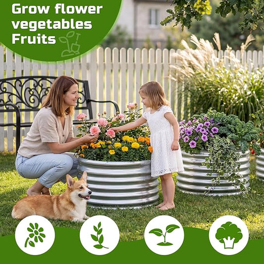 AHEONLAR 3PCS 2x2x2FT Galvanized Raised Garden Bed Kit Round Metal Flower Box Large Planter Raised Beds Outdoor Garden for Planting,Fruit,Herb Silver
