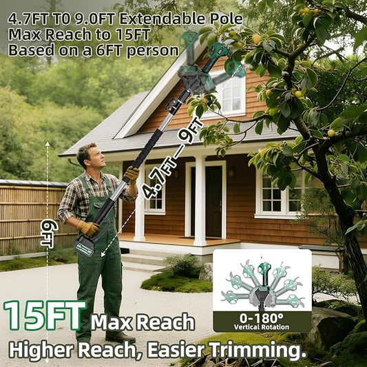 2.5" Cutting Diameter, 2-in-1 Pole Electric Pruning Shears - Brushless Motor, 15ft Reach,21V Dual 4.0Ah Batteries, Extra Sk7 Blade, Stainless Steel Pole, 2 Modes Adjustable for Tree & Flower