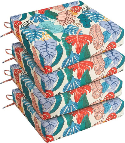 UNIKOME Outdoor Chair Cushions Pack of 4, Water Resistant Patio Cushions with Ties, High Density Sponge Filling Square Corner Seat Cushions for Outdoor Furniture, 24"*24"*4", Palm Tropical
