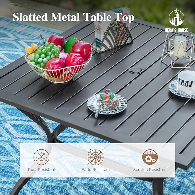 HERA'S HOUSE Patio Table and Chairs for 4, 5 Pieces Outdoor Deck Dining Furniture Sets, Square Metal Dining Table Set with Chairs for Lawn Garden Backyard, Blue