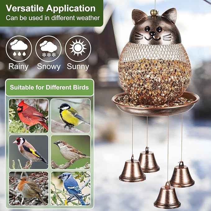 LBTING Bird Feeder for Outside, Cute Cat-Shaped Wind Chimes Bird Feeder, Metal Wild Bird Feeder Decoration for Hanging Outdoor Garden Yard