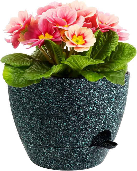 12 inch Large Self Watering Pots for Indoor Outdoor Plants, Flower Plant Pots with Mesh Drainage Holes for Garden House Plants, Plastic Planters for Home, Black with Green Speckles