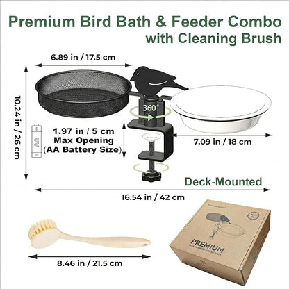 Deck Bird Feeder & Bird Bath for Railing – No-Drill Clamp Fits Balcony, Deck & Fence up to 1.97"/5cm – Rust-Resistant Metal Mesh Tray + Windproof Water Bowl Combo, Wild Bird Feeding Station with Brush