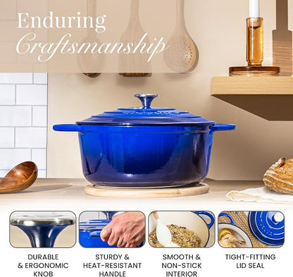 Cast Iron Pot with Lid-Non-Stick Ovenproof Enamelled Casserole Pot, Oven Safe up to 500° F-Sturdy Dutch Oven Cookware - Dark Blue, 5-Quart, 24cm by- Nuovva