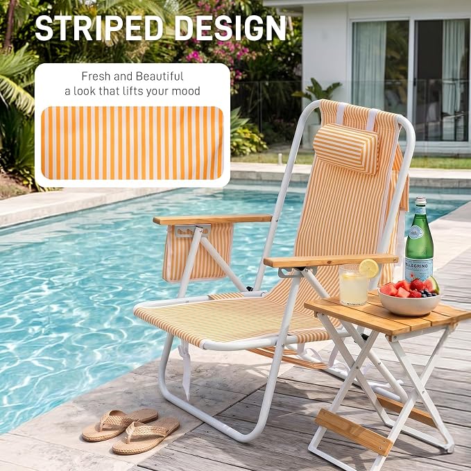 Outvita 2 Pack Folding Beach Chair, 4 Position Adjustable Reclining Lounge Chair with Padded Headrest, Large Rear & Side Storage Pockets, Lightweight Portable Outdoor Chair for Beach Pool Garden BBQ