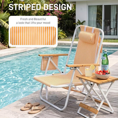 Outvita 2 Pack Folding Beach Chair, 4 Position Adjustable Reclining Lounge Chair with Padded Headrest, Large Rear & Side Storage Pockets, Lightweight Portable Outdoor Chair for Beach Pool Garden BBQ