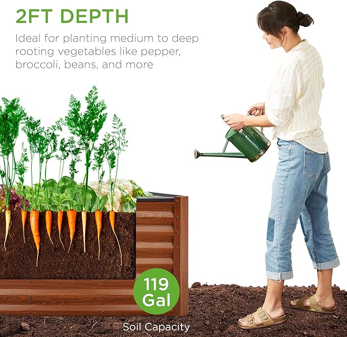 Best Choice Products 4x2x2ft Outdoor Metal Raised Garden Bed, Deep Root Planter Box for Vegetables, Flowers, Herbs w/ 119 Gallon Capacity - Wood Grain