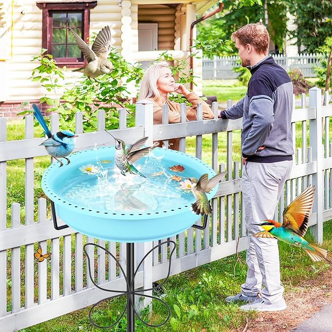 37In Bird Bath for Outside, 2-in-1 Birdbath & Birdfeeder with Detachable Plastic Bowl, Metal Butterfly Stake & Sturdy 5-Pronged Base for Outdoor Garden Yard Decor (Blue)