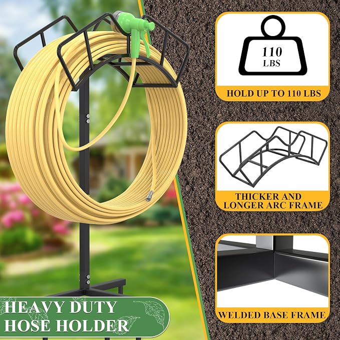 Qatsrin Super Stable Garden Hose Holder, Removable Water Hose Holders Stand Holds 150-Feet Hose, Detachable Hose Storage Hanger Rack for Outside Yard Lawn Farm, Black