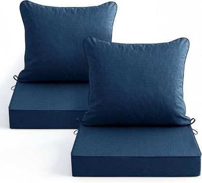 Summsun Outdoor Chair Cushions, Faux Linen Backrest and Seat Cushion Set for Patio Furniture with Weather Resistant Removable Cover, Straps, Non-Slip Bottom, 19 x 19 Inch, Navy, Set of 2