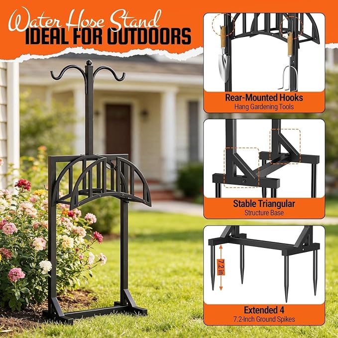 2 Pack Garden Hose Holder, Water Hose Stand for Outside with 4 Stake and 2 Shepherds Hooks, Freestanding Hose Storage Holds 150Ft, Heavy-Duty Metal Hose Hanger Rack for Yard, Lawn, Farm
