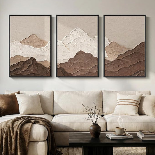 Framed Brown Abstract Mountain Wall Art for Living Room, 3 Piece Large Neutral Landscape Canvas Prints Artwork for Walls, Modern Minimalist Scenic 2D Paintings Bedroom Home Office Wall Decor, 24x36 In