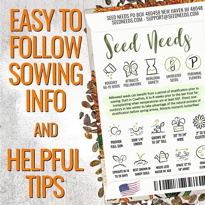 Seed Needs Milkweed Seeds for Planting a Butterfly Garden to Attract Monarch Butterflies - Collection of Pink, Orange & White Asclepias Milk Weed Variety Pack (5 Packs)