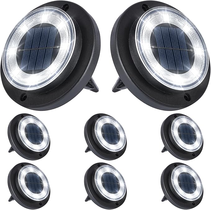 Flacchi Solar Lights Outdoor Waterproof - 2-in-1 Solar Powered Ground Lights Outdoor Solar Disk Light Landscape Light for Deck Step Patio Yard Pathway Walkway Driveway Garden (Cool White, 8 Pack)