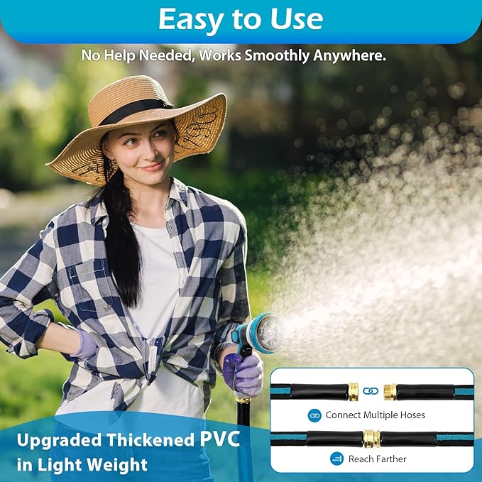 25FT Non-Expandable Garden Hose, Flexible Water Hose with Spray Nozzle, Kink-Resistant, Leakproof 3/4" Brass Connectors, Lightweight & Portable Water Pipe for Yard, Lawn Outdoor