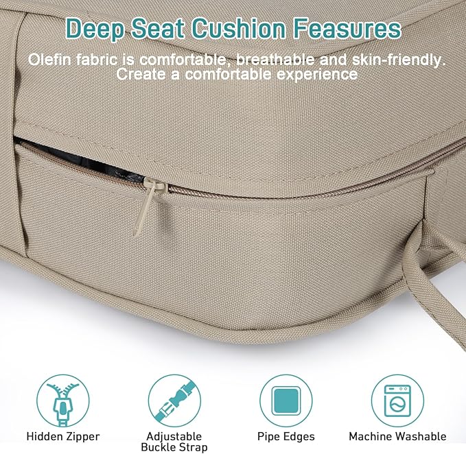Aoodor Outdoor Chair Cushion, 22 x 24 Inch Water-Resistant, Fade-Resistant Olefin Frbric Patio Seat Cushions with Removable Cover and Adjustable Straps for Outdoor Furniture, Set of 2, Brown