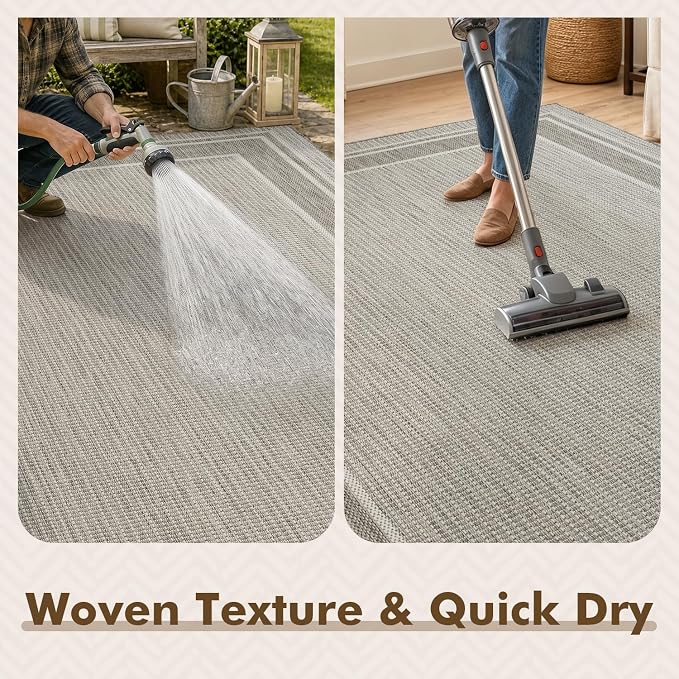 MontVoo-Outdoor Rug-Patio Rug 9x12 ft Polypropylene Indoor Outdoor Rugs Outdoor Carpet for Patio Deck Balcony Porch, Textured Weave, Durable for High Traffic, Fade-Resistant, Modern Silver Grey