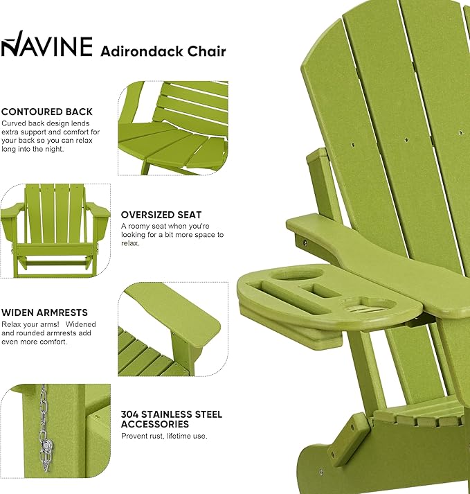 Adirondack Chair Set of 2, HDPE Folding Adirondack Chair with Multifunctional Cup Holder, Weather Resistant Fire Pit Chair for porches, patios, patios, poolsides, Decks.