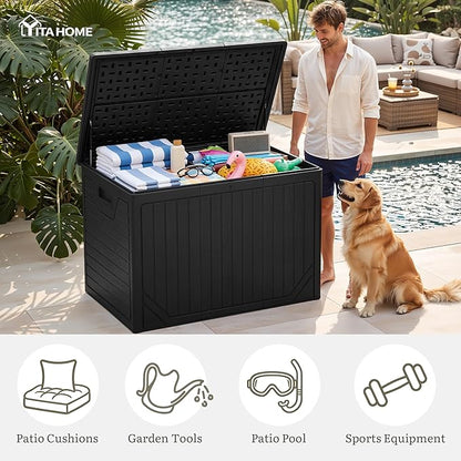 YITAHOME 230 Gallon Extra Large Outdoor Storage Box, Waterproof Double-Wall Deck Box with Hydraulic Piston for Garden Tools, Pool Accessories & Cushions, Resin Deck Organizer with Bench Seat(Black)