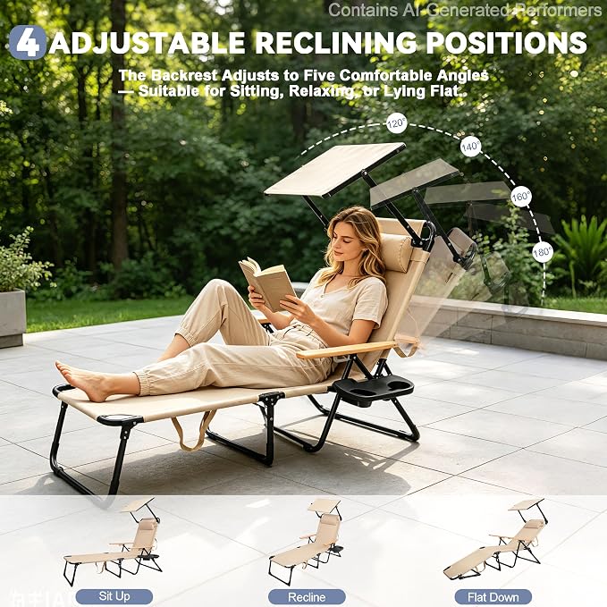 Beach Lounge Chairs with Armrests, 4-Position Folding Lounge Chairs for Outside, Sunbathing Portable Lounge Chaise, Tanning Chair Pillow & Cup Holder, for Outside Beach Pool (Beige.)
