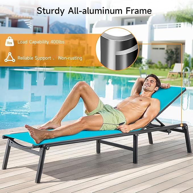 Aluminum Chaise Lounge Chair Outdoor, Foldable & Assembly Free Outdoor Lounge Chair with 5 Position Adjustable Backrest, Patio Pool Lounge Chairs for Outside Poolside Beach Lawn, 1PC, Lake Blue