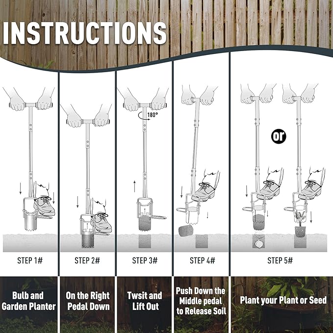 Bulb Planter Tool, Sod Plugger with Long Handle Serrated Base, 5-in-1 Lawn Plug Garden Tool for Transplanting, Digging, Grass Plug, Soil Sampler, Planting for Tulips, Iris, Daffodils