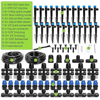 Bonviee Drip Irrigation System 230FT – Quick Connect Garden Watering Kit with Adjustable Drip Emitters, 1/4” & 5/16” Tubing for Raised Beds, Greenhouse, Lawn, Automatic Timer Compatible