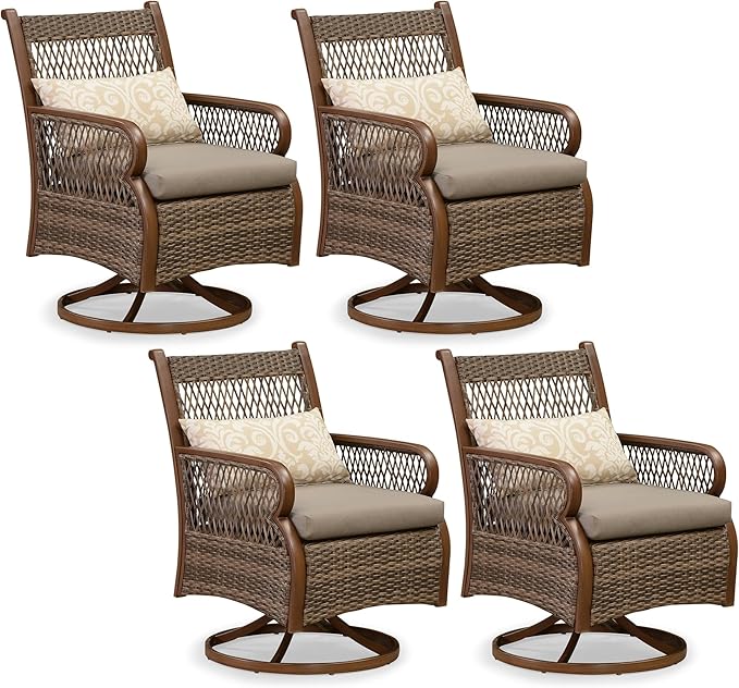PURPLE LEAF Patio Swivel Dining Chairs Set of 4 Modern Wicker Outdoor Dining Chairs with Thick Cushions and Soft Pillows All Weather Aluminum Patio Chairs for Garden Porch Lawn