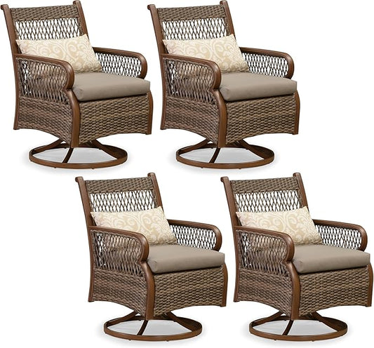 PURPLE LEAF Patio Swivel Dining Chairs Set of 4 Modern Wicker Outdoor Dining Chairs with Thick Cushions and Soft Pillows All Weather Aluminum Patio Chairs for Garden Porch Lawn