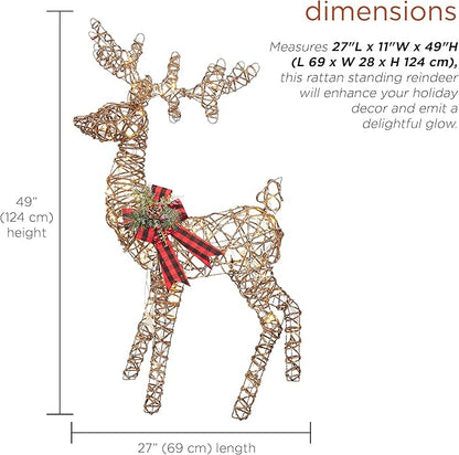 Alpine Corporation 49" Rattan Standing Reindeer Statues with Ribbon and LED Lights, Christmas Decor
