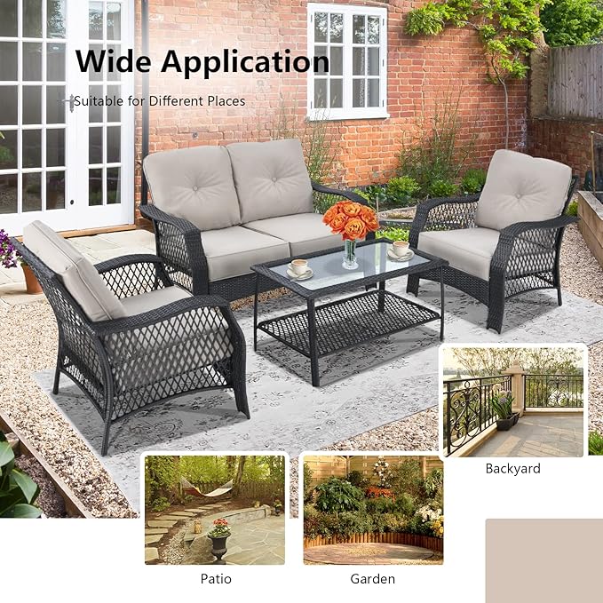 HAPPYGRILL 4 Pieces Patio Conversation Set Outdoor Rattan Sofa Set with Cushions and Coffee Table with Storage Shelf, Rattan Wicker Patio Furniture Set for Backyard Garden Poolside