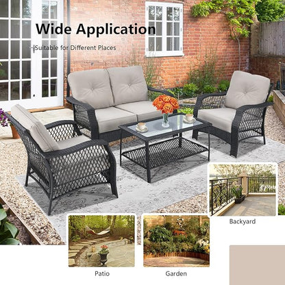 HAPPYGRILL 4 Pieces Patio Conversation Set Outdoor Rattan Sofa Set with Cushions and Coffee Table with Storage Shelf, Rattan Wicker Patio Furniture Set for Backyard Garden Poolside