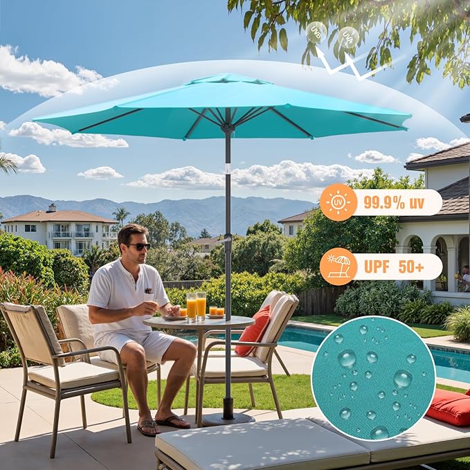 Outdoor Patio Umbrella, Table Umbrella with Push Button Tilt and Crank, 8 Ribs Market Umbrella