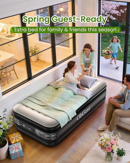 OhGeni 20" Twin Air Mattress with Built in Pump, Portable Blow up Mattress, 72Hr Leak-Proof Test Airbed for Guests & Home, Ideal for Single Person, Better to Get up, 300LBS