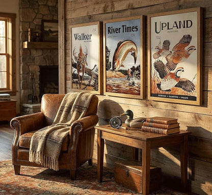3Pcs Framed Retro Hunting Canvas Wall Art Outdoorsy Wild Animal Wall Decor Pictures Nature Wilderness Deer Wild Duck Fishing Posters Prints Gift Send Hunter Dad for Living Room Bedroom Home Decoration