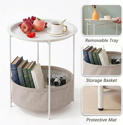 VECELO Round Side/End Table with Fabric Storage Basket，Metal Anti-Rust and Waterproof Small Bedside Nightstand with Removable Tray Top for Living Room，Balcony & Laundry，Beige/1pcs with Basket